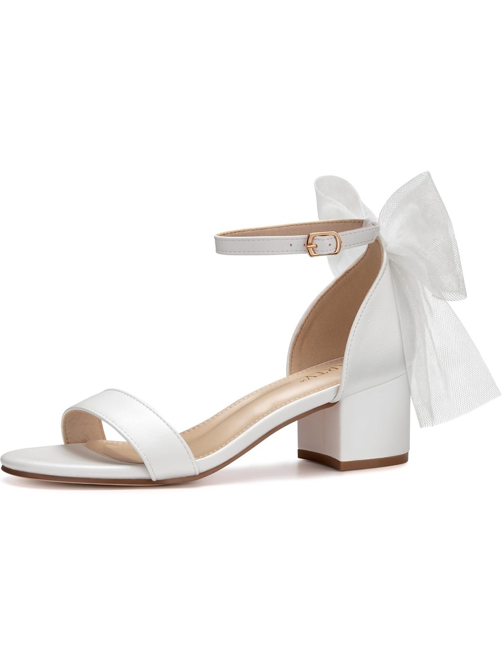 Open Toe Ankle Strap Low Block Chunky Heels Sandals, White Bow 5.5. 2330-2